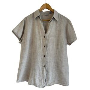 Chico's 100% Linen Short Sleeve Button Down Shirt Oatmeal Beige Size 2 Large